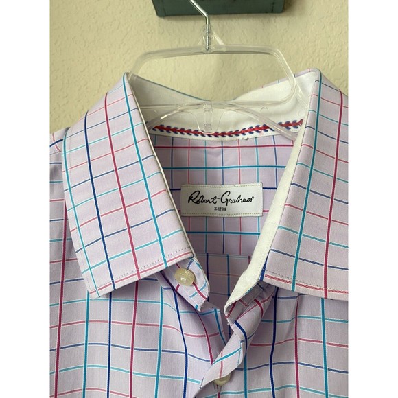 Robert Graham Men's Size 44/17.5 Purple Checkered Button Down 100% Cotton Shirt - Picture 2 of 7